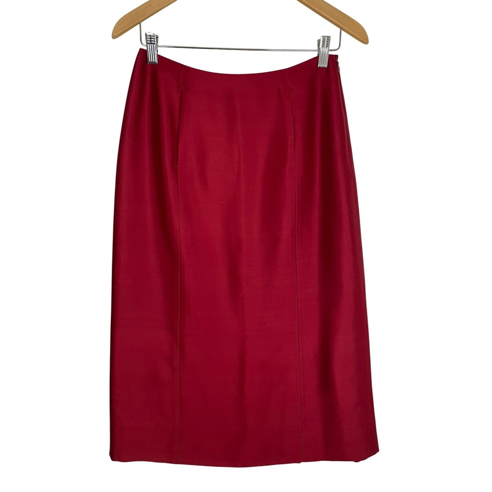 Ann Taylor Red Silk Blend Knee Length Skirt Size 6 Side Zip Slit‎ Pockets